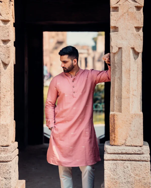 MUDRA : Jamdani Pink Knee-Length Kurta