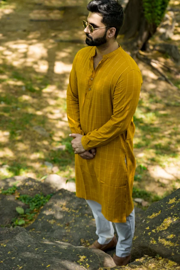 OCHRE : Cotton Mustard Yellow Knee-Length Kurta