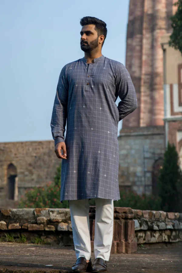 Dutha : Jamdani English Blue Knee-Length Kurta