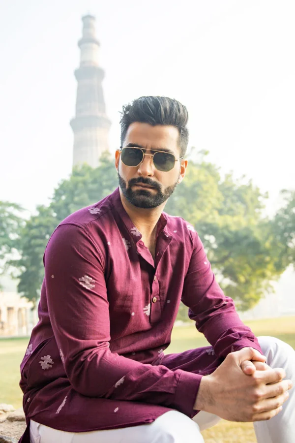 MAYA : Jamdani Wine Knee-Length Kurta - Image 4