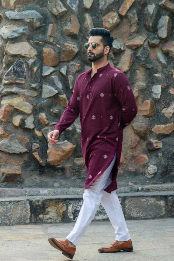 MAYA : Jamdani Wine Knee-Length Kurta - Image 3