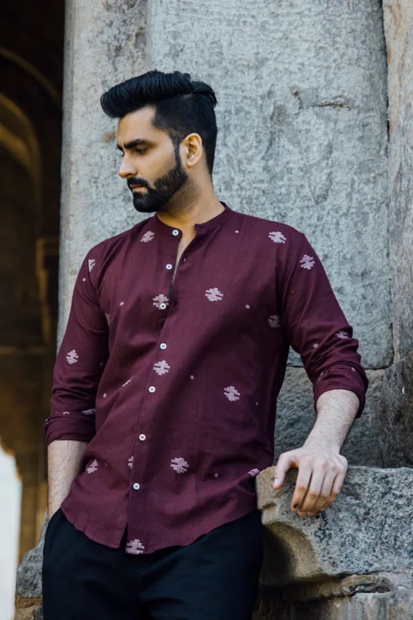 Nirvana : Jamdani Wine Full-sleeve Shirt