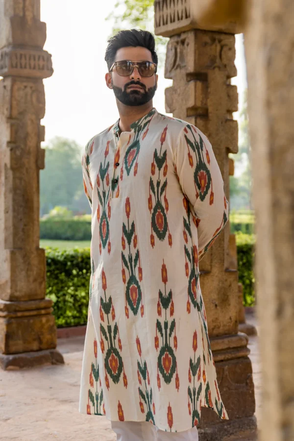 RAAG : Ikat Cream Knee-Length Kurta - Image 3
