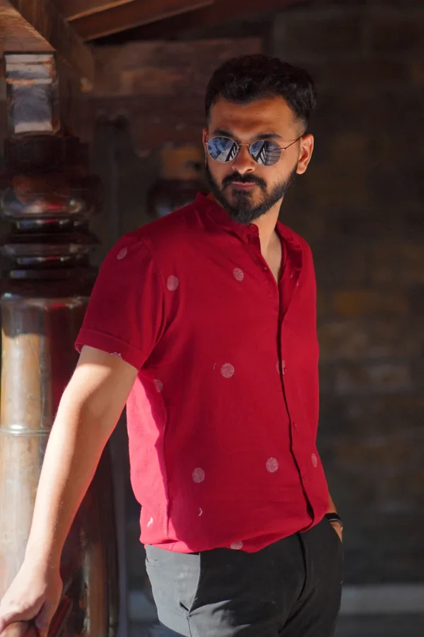 Tattva : Jamdani Deep Red Half-sleeve Shirt - Image 3