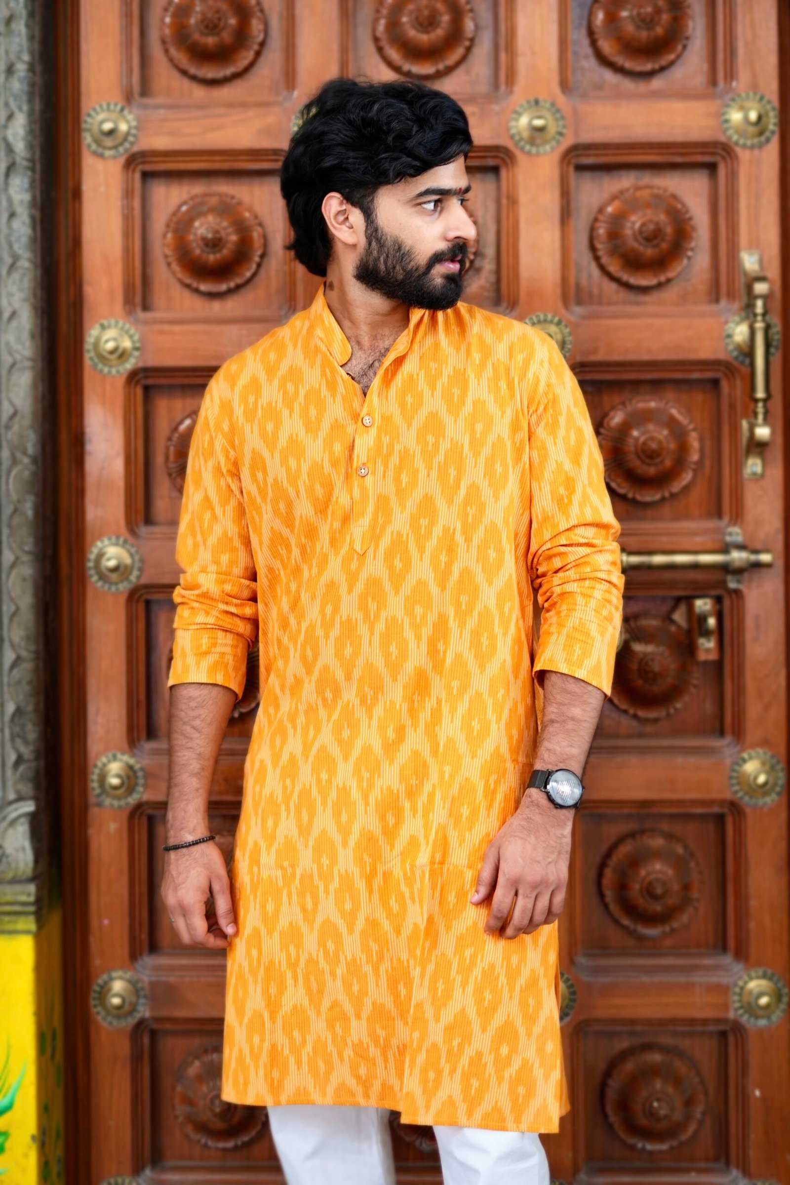 Marigold Yellow - Ikat Cotton Long Kurta - Image 3