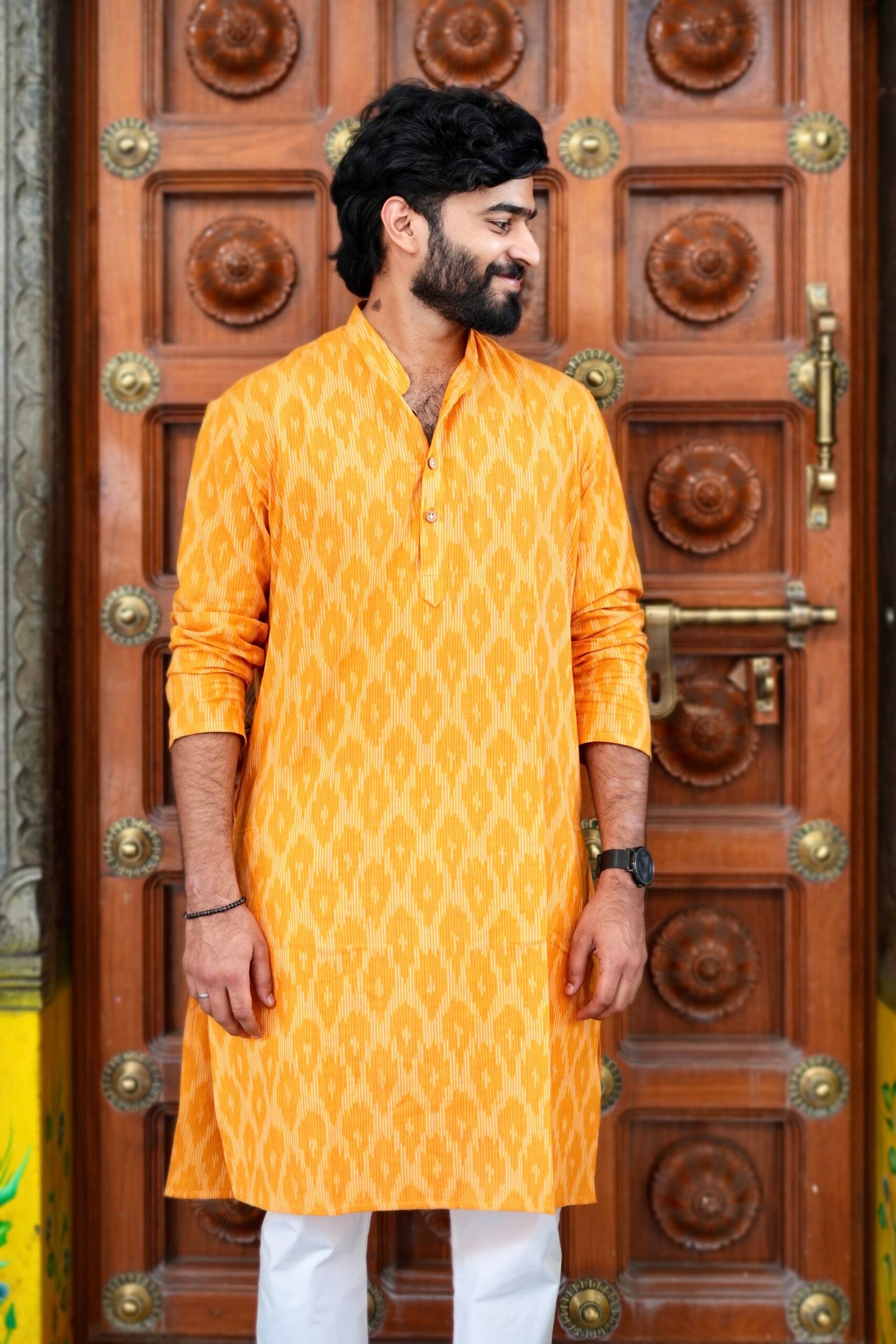 Marigold Yellow - Ikat Cotton Long Kurta - Image 2
