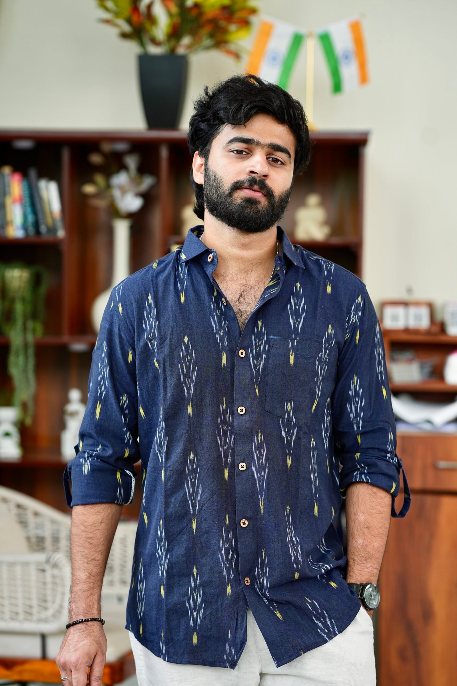 Dark Blue - Ikat Cotton Shirt - Image 2